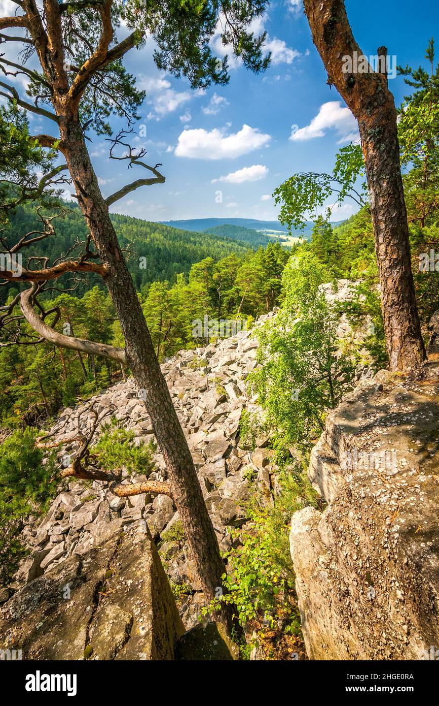A view of the countryside in The Certova Stena National Nature Reserve, location called as rocky sea in south of the Czech Republic, Europe. Stock Photo