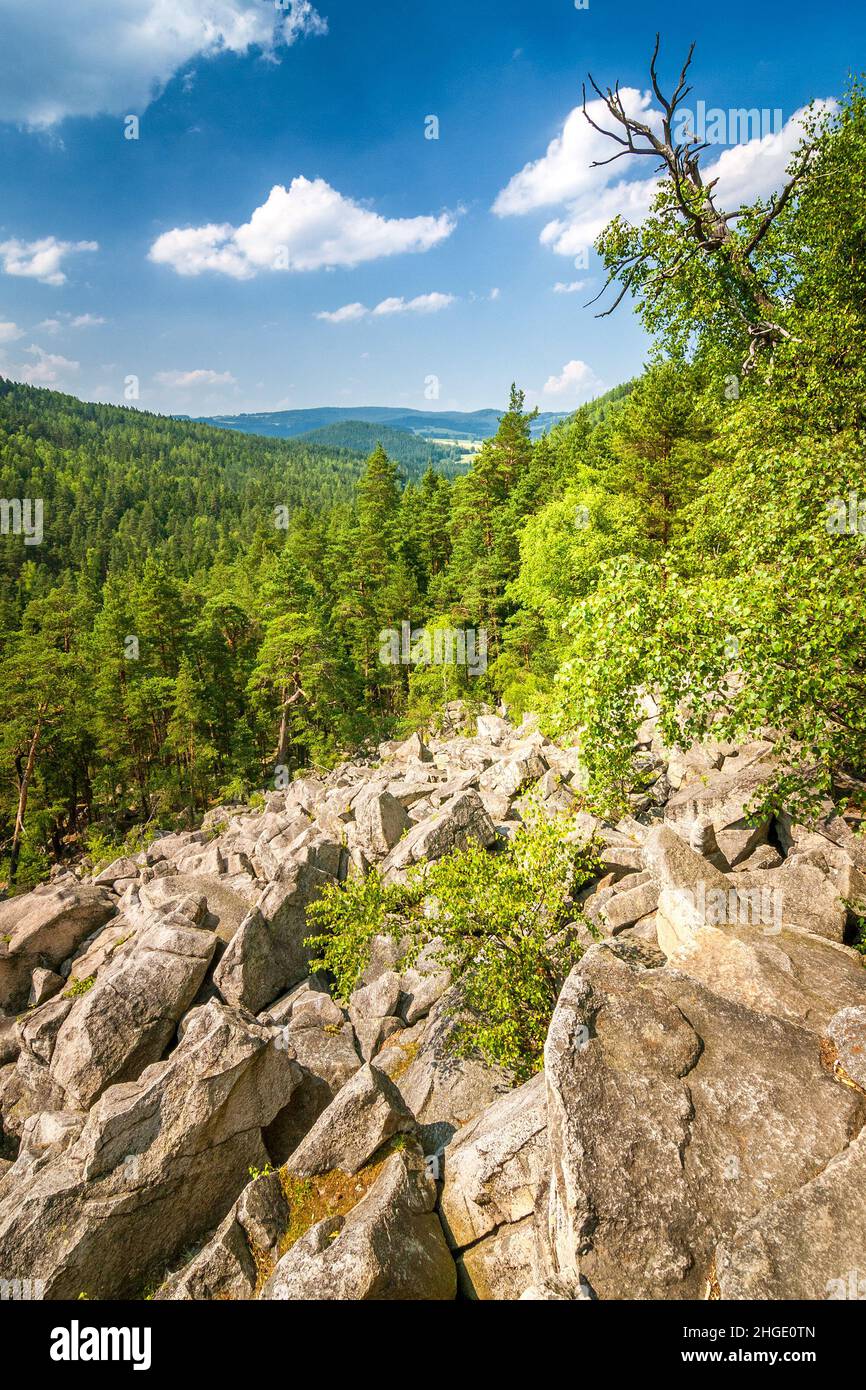 A view of the countryside in The Certova Stena National Nature Reserve, location called as rocky sea in south of the Czech Republic, Europe. Stock Photo