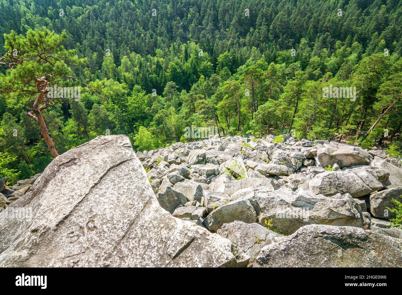 A view of the countryside in The Certova Stena National Nature Reserve, location called as rocky sea in south of the Czech Republic, Europe. Stock Photo