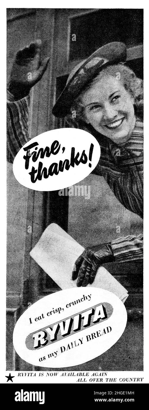 A vintage Ryvita advert from 1946 stating that Ryvita is 'now available again all over the country' after the cessation of World War 2 Stock Photo
