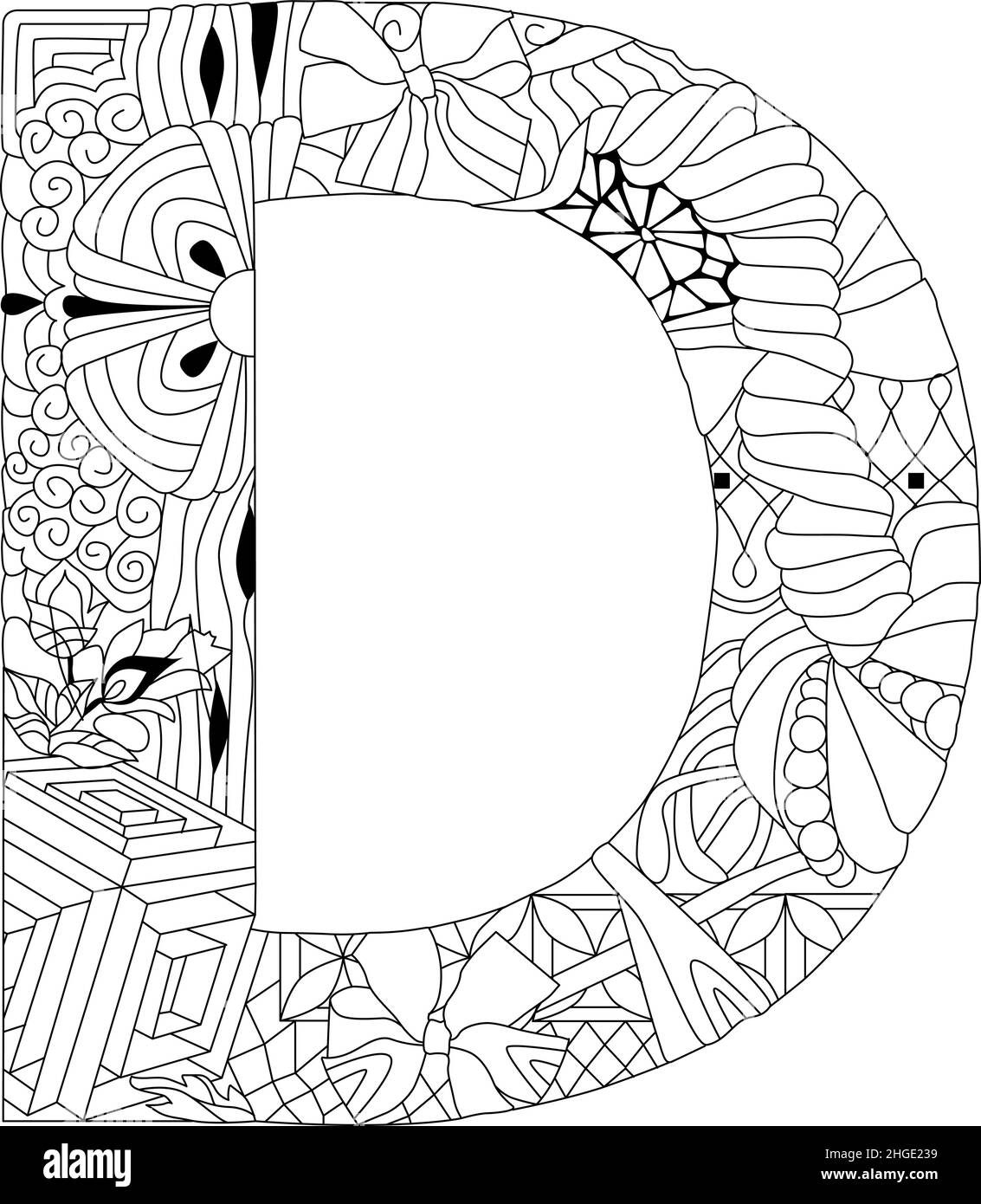 Zentangle stylized alphabet - letter D for coloring. Vector illustration. Ethnic pattern Stock Vector