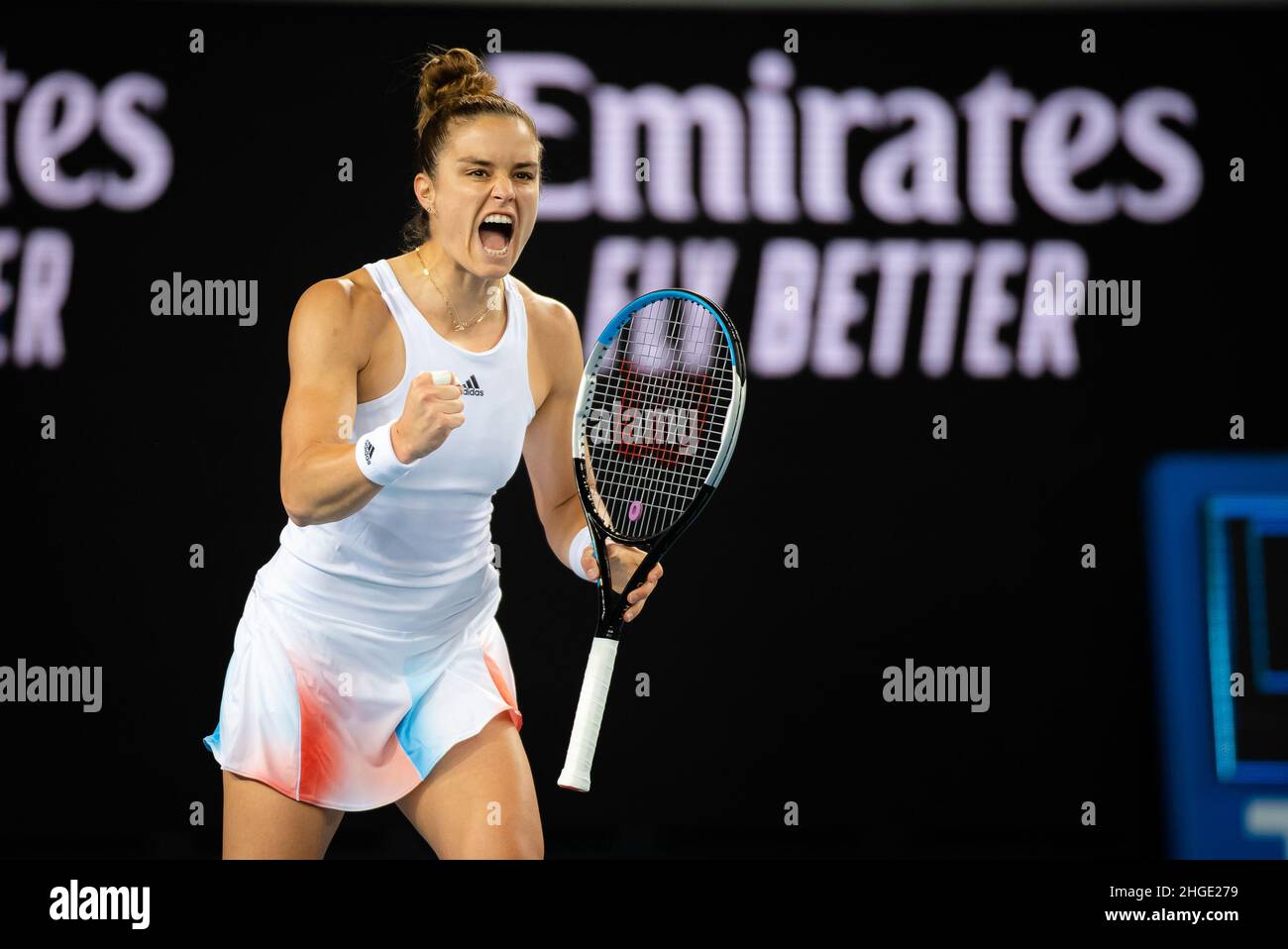 Maria Sakkari of Greece in action against Qinwen Zheng of China during the  second round of the 2022 Australian Open, WTA Grand Slam tennis tournament  on January 19, 2022 at Melbourne Park