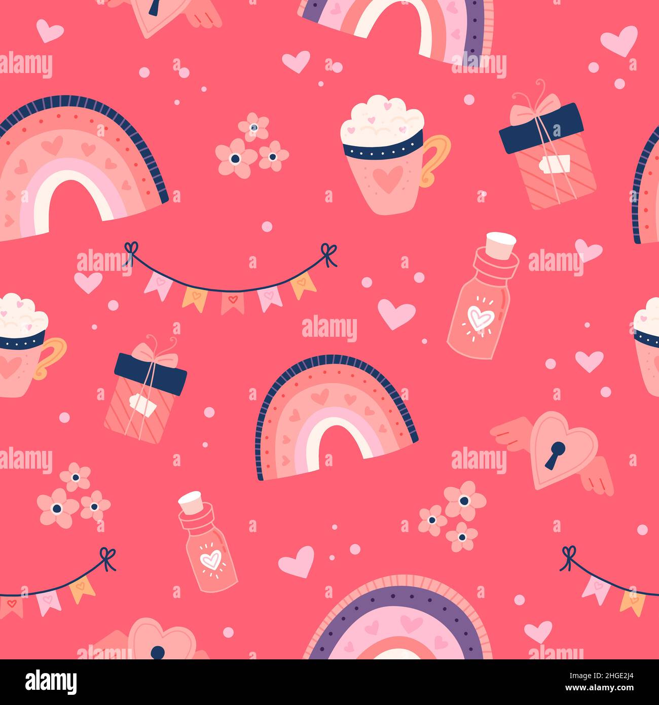 Valentine's day pattern with cute hearts, rainbows and gifts. Hand ...