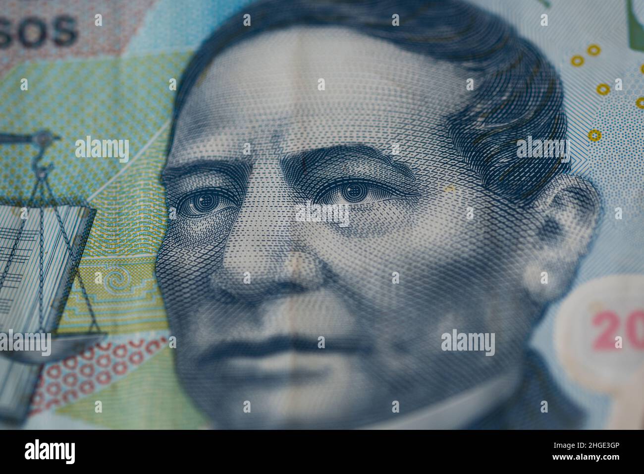 Rheinbach, Germany  12 April 2021,  Macro shot of the face of 'Benito Juarez' on a Mexican 20 peso note Stock Photo