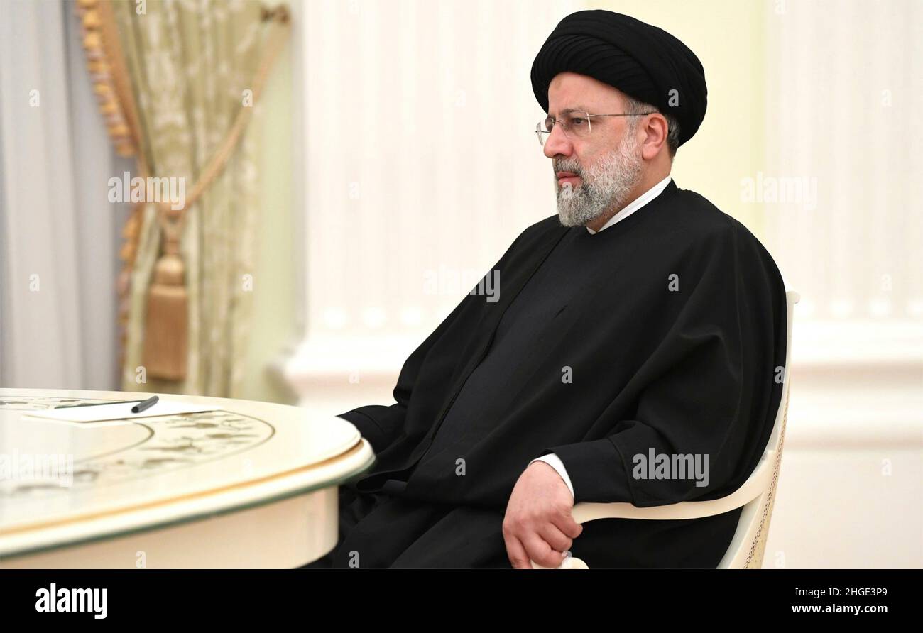 Moscow, Russia. 19th Jan, 2022. Iranian President Ebrahim Raisi, during a face-to-face bilateral meeting with Russian President Vladimir Putin at the Kremlin, January 19, 2022 in Moscow, Russia. Credit: Pavel Bednyakov/Kremlin Pool/Alamy Live News Stock Photo