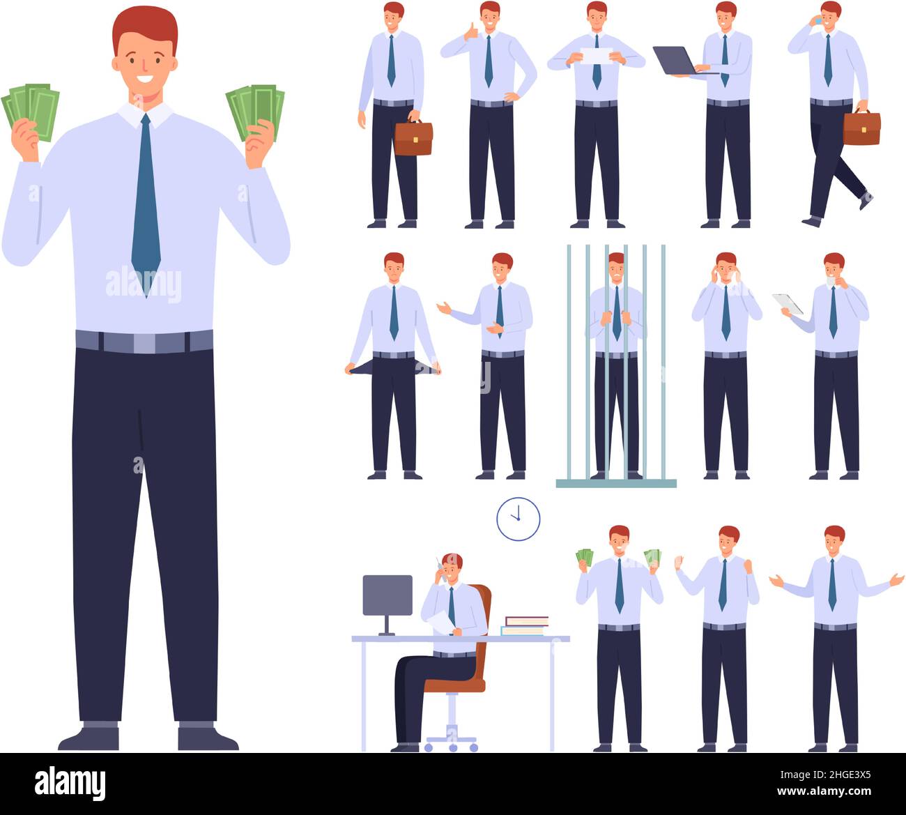 Flat office employee character working poses and gestures. Business man run with briefcase, sit at desk and think. Businessman vector set Stock Vector