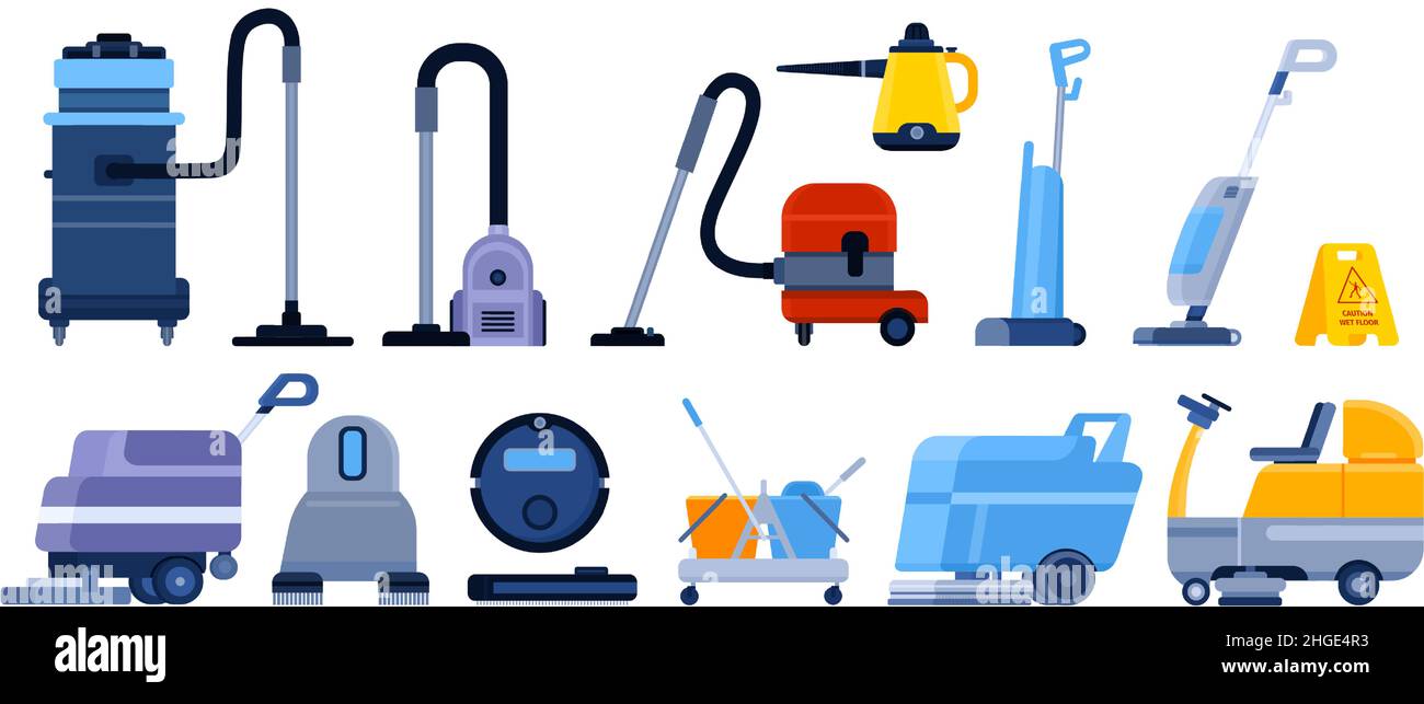 Flat professional cleaning service equipment, vacuums and machines. Steam mops, industrial sweeper car and robot vacuum cleaner vector set Stock Vector