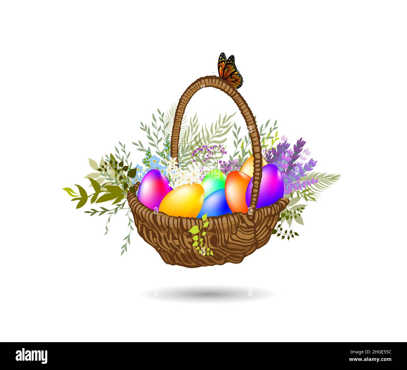 Basket with eggs and flowers. Happy easter. Vector illustration Stock Vector