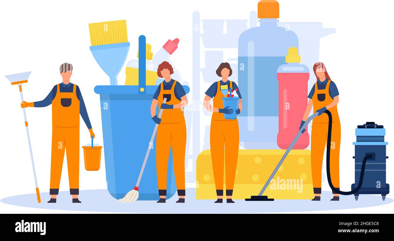 Professional cleaning service team with equipment and tools. Flat men and women cleaners in uniforms with vacuums and brooms vector concept Stock Vector