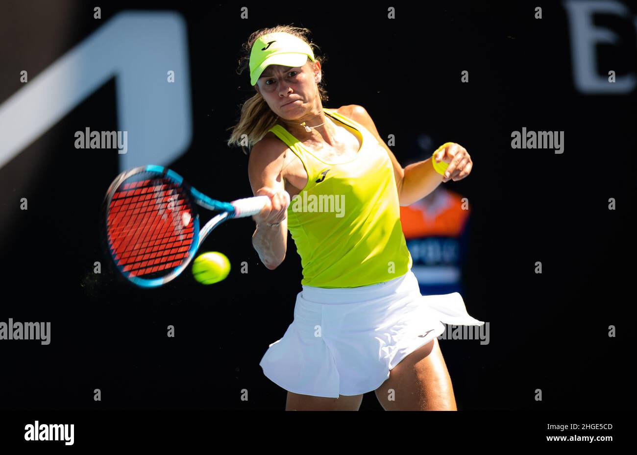 Magda Linette of Poland in action against Daria Kasatkina of Russia during  the second round of the 2022 Australian Open, WTA Grand Slam tennis  tournament on January 20, 2022 at Melbourne Park