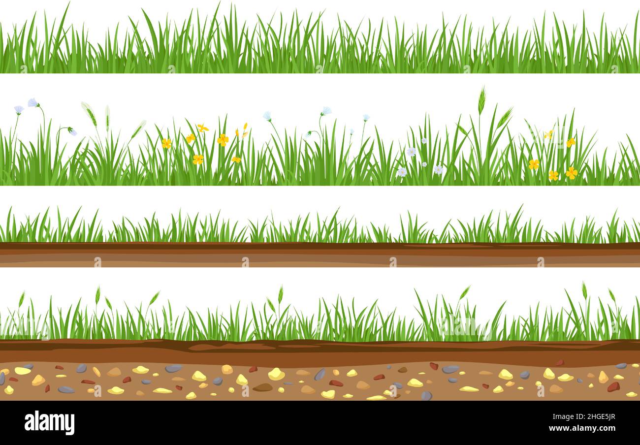 Grass with underground soil layer and rocks seamless borders. Meadow field with flowers and ears. Ground dirt, land cross section vector set Stock Vector