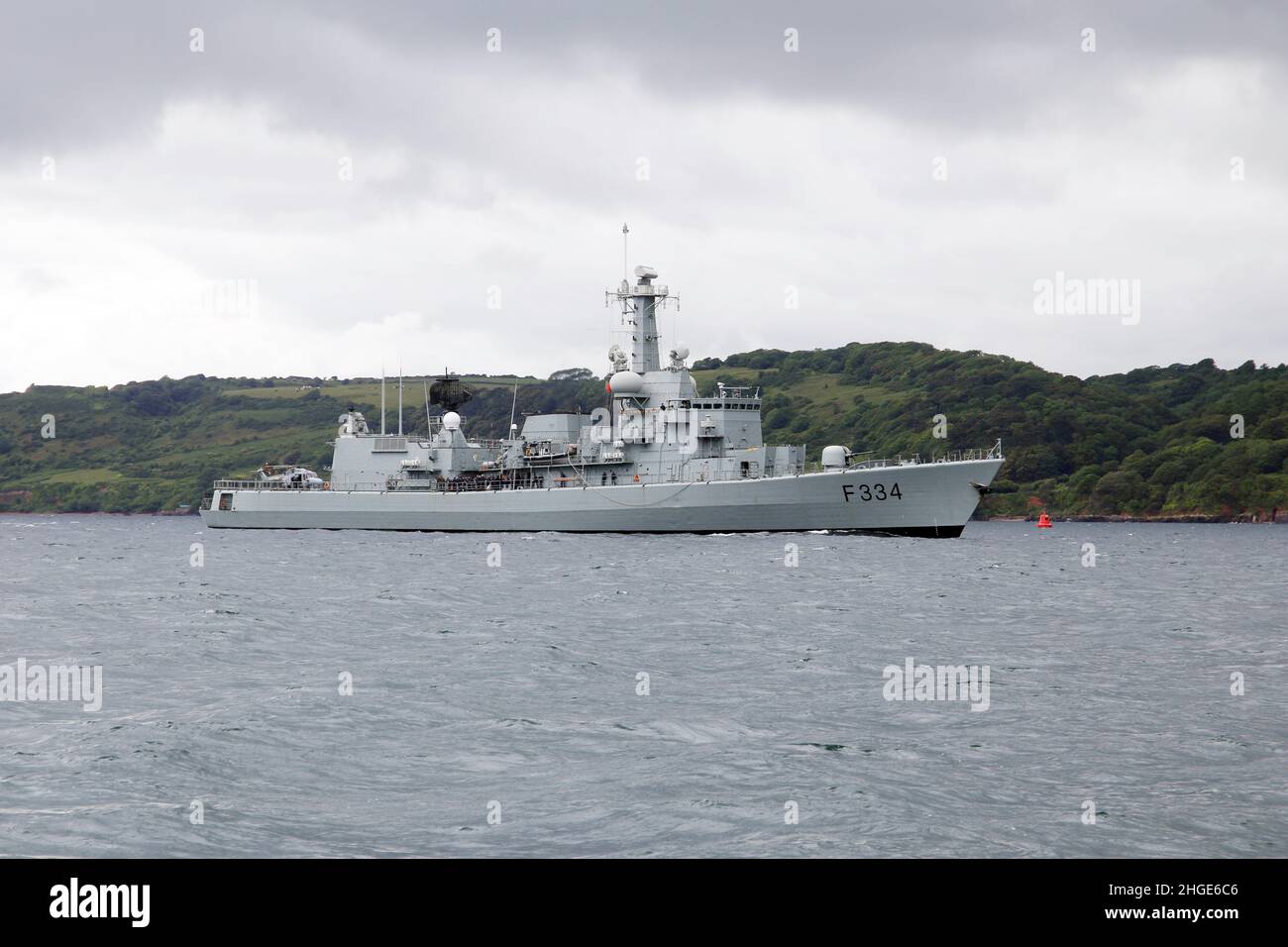 Portuguese Navy Frigate NRP Francisco de Almeida (F334) in Plymouth Sound Stock Photo