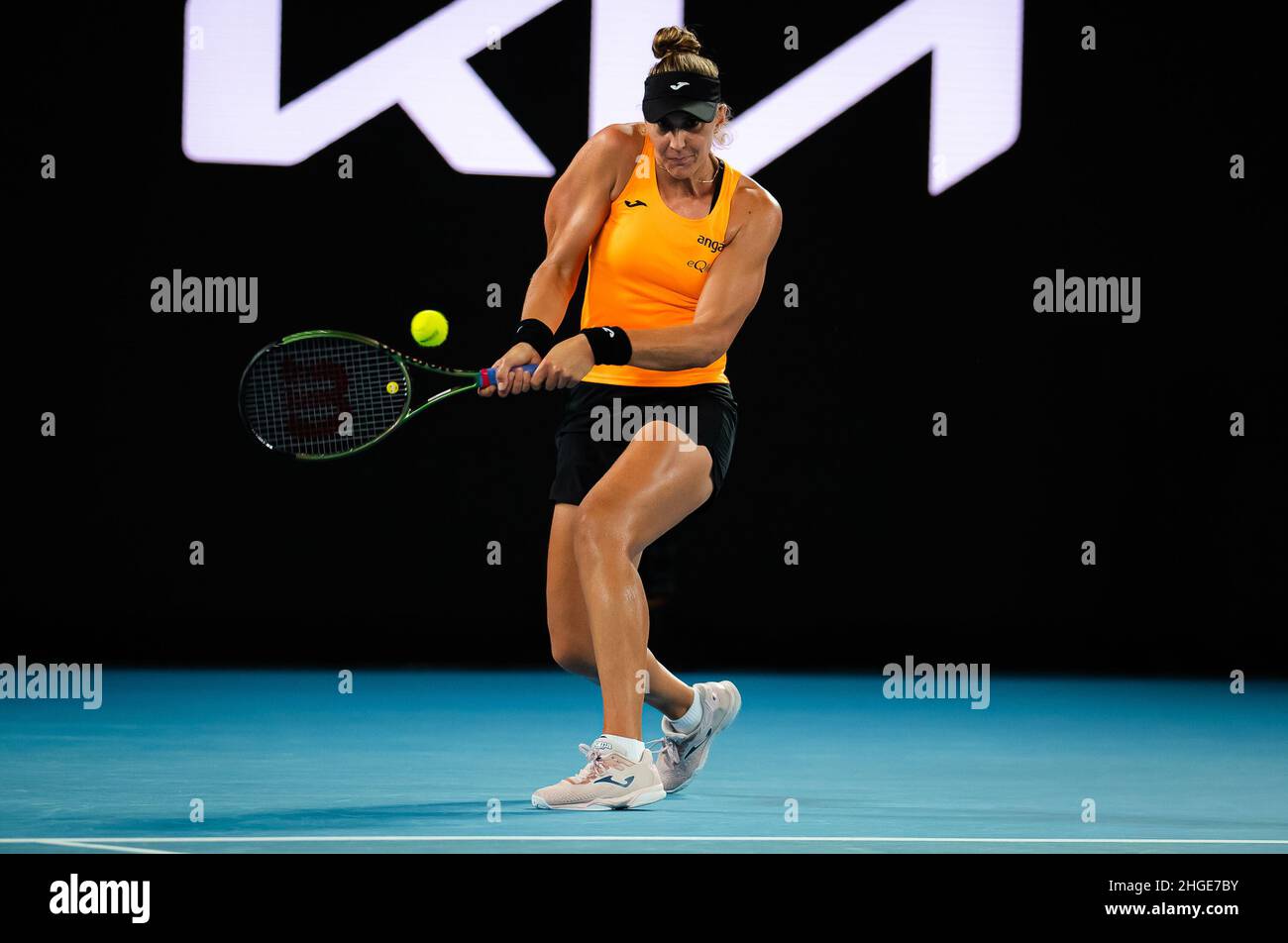Beatriz Haddad Maia of Brazil in action against Simona Halep of Romania during the second round of the 2022 Australian Open, WTA Grand Slam tennis tournament on January 20, 2022 at Melbourne