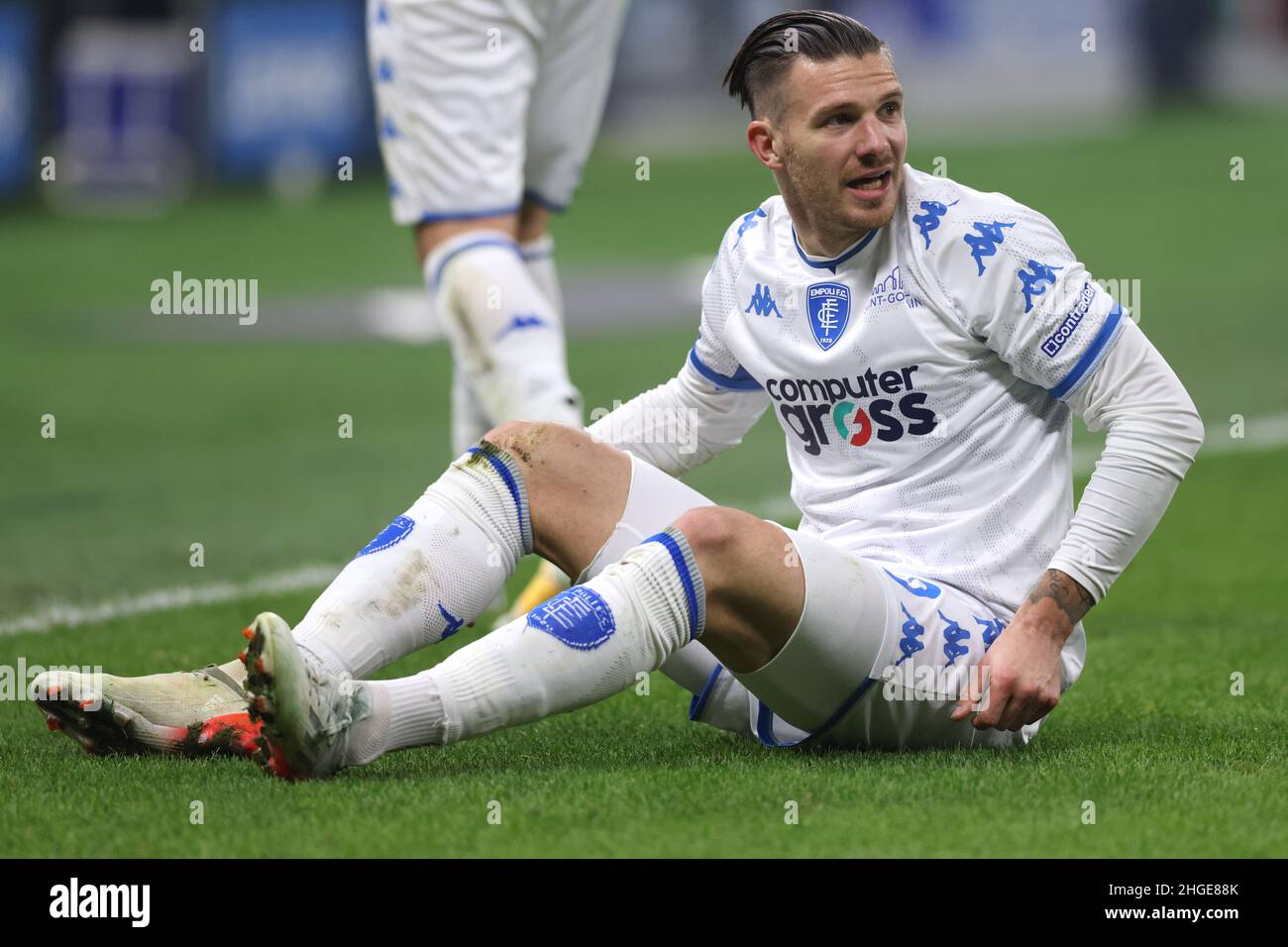 Milan, Italy, 19th January 2022. Riccardo Fiamozzi of Empoli FC reacts after being upended by an opponent during the Coppa Italia match at Giuseppe Meazza, Milan. Picture credit should read: Jonathan Moscrop / Sportimage Stock Photo