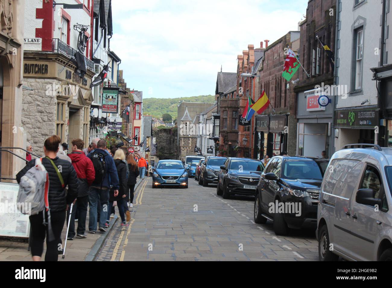 Conwy is a walled market town  and community in Conwy county borough on the north coast of Wales Stock Photo