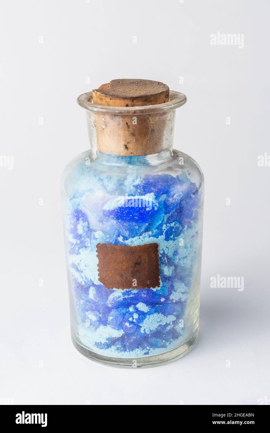 Old used chemicals for schools in transparent glass bottle Stock Photo