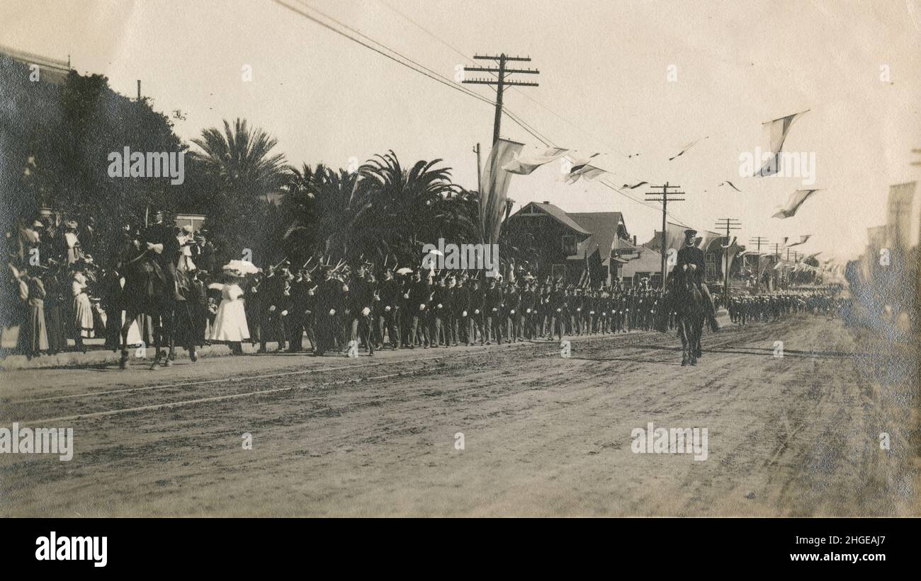 Antique 1908 photograph, army soldiers marching at the “Parade for the Great White Fleet” in San Francisco, California on May 7th, 1908, possibly on Fillmore Street. SOURCE: ORIGINAL PHOTOGRAPH Stock Photo