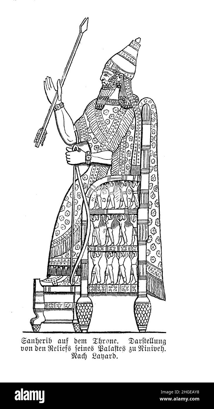 Assyrian king Sennacherib on the throne, bas-relief from his Niniveh palace Stock Photo