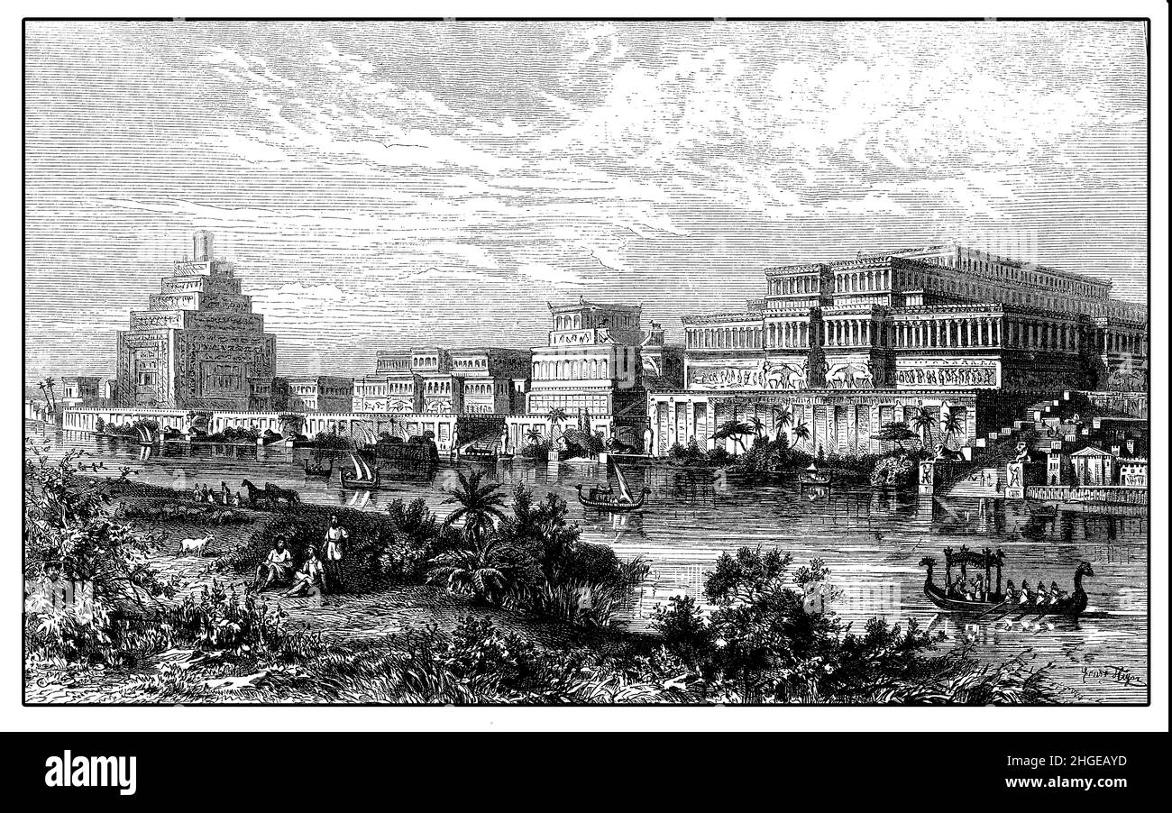Reconstruction of the Assyrian royal Palace at Niniveh on the border of Tigris river, Assyrian empire Stock Photo