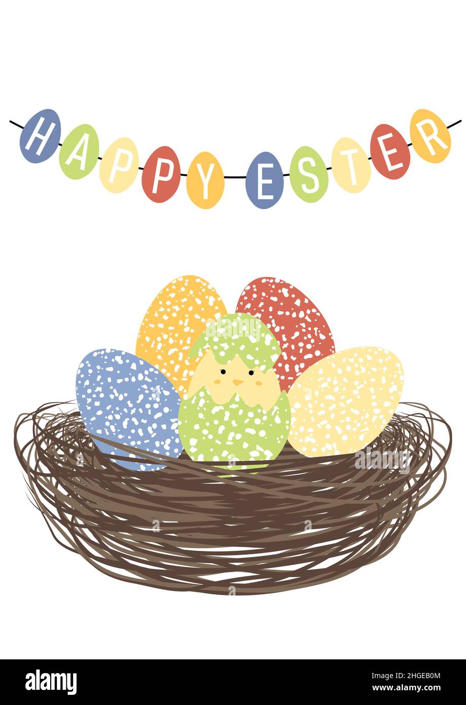 Vector illustration of cute little chicken in a nest with easter