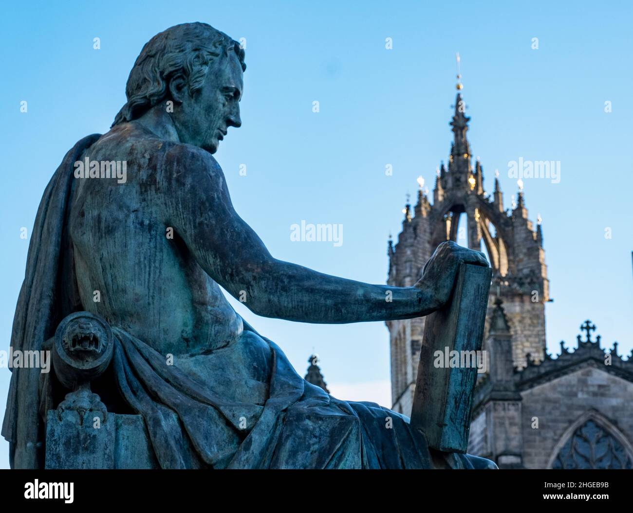 David Hume statue located on the Royal Mile, Edinburgh. Hume was a  Scottish Enlightenment philosopher, historian, economist, librarian and essayist. Stock Photo