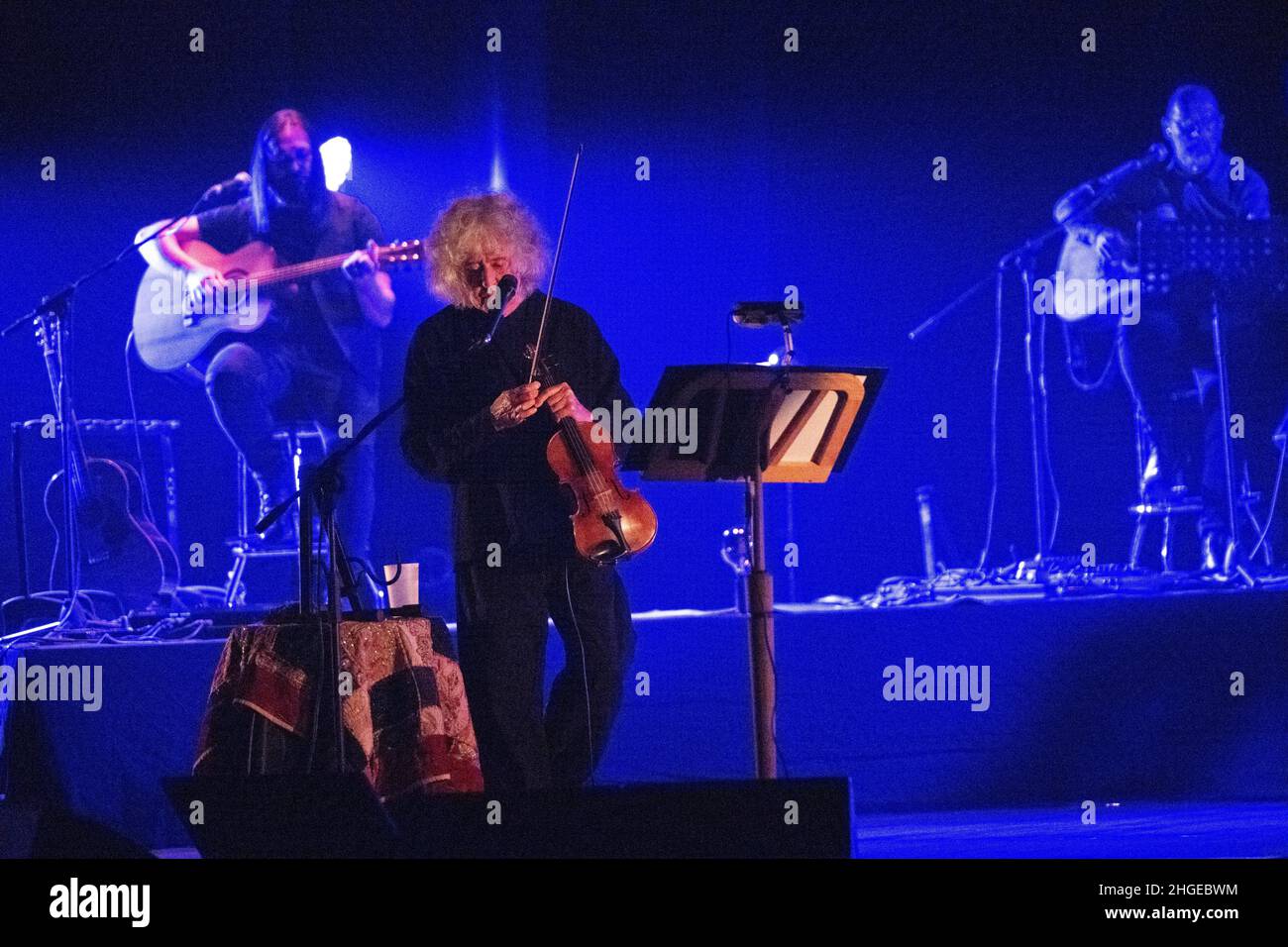 Italian singer and violonist Angelo Branduardi in concert “il cammino dell’anima tour” at Teatro Colosseo on January 19, 2021 in Turin, Italy. Stock Photo