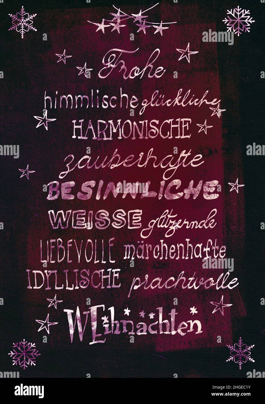 Texts on a board in grunge style. German text: merry, heavenly, happy, harmonious, enchanting, contemplative, white, glittering, loving, fairy tale, i Stock Photo