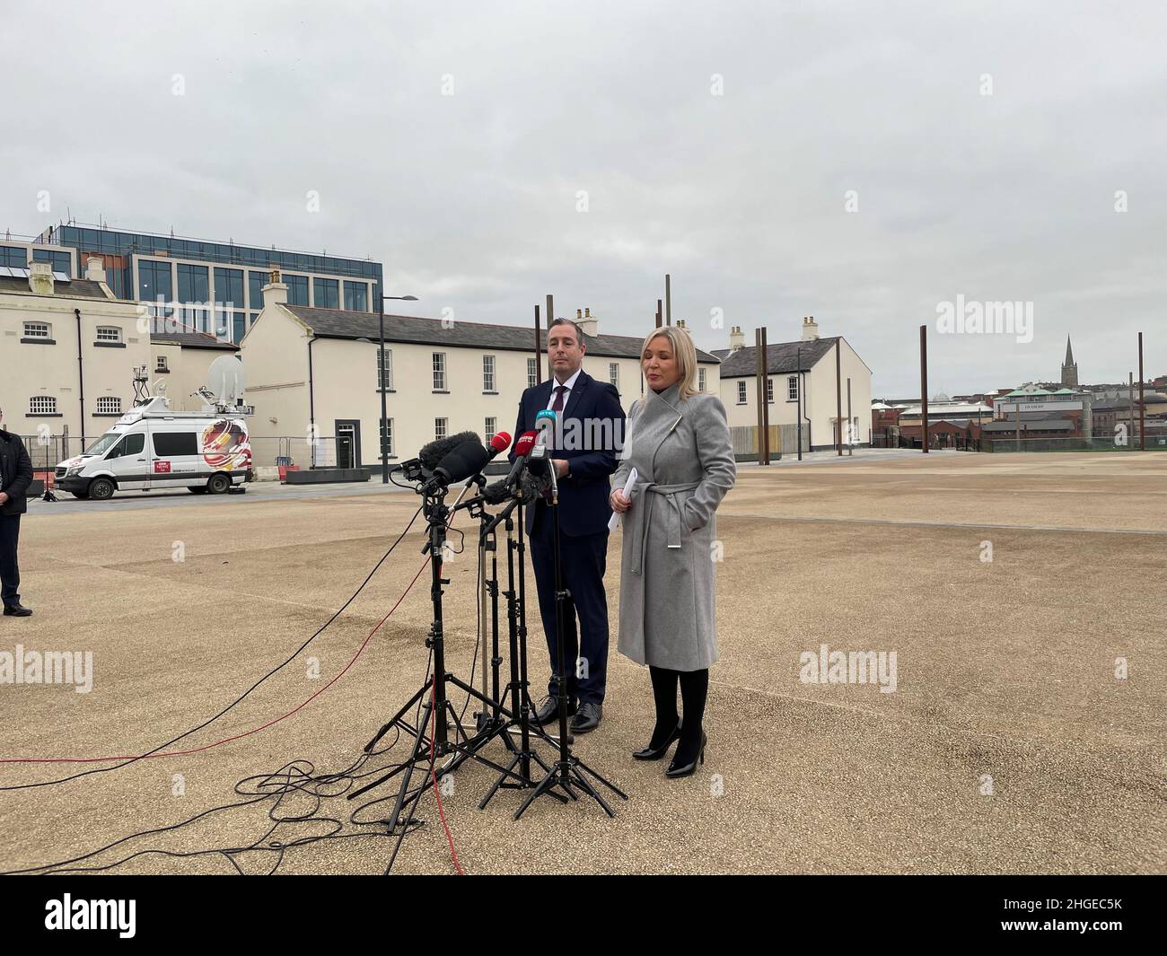 First Minister Paul Givan and deputy First Minister Michelle O'Neill speaking at Ebrington Square in Derry after their Executive meeting. Stock Photo