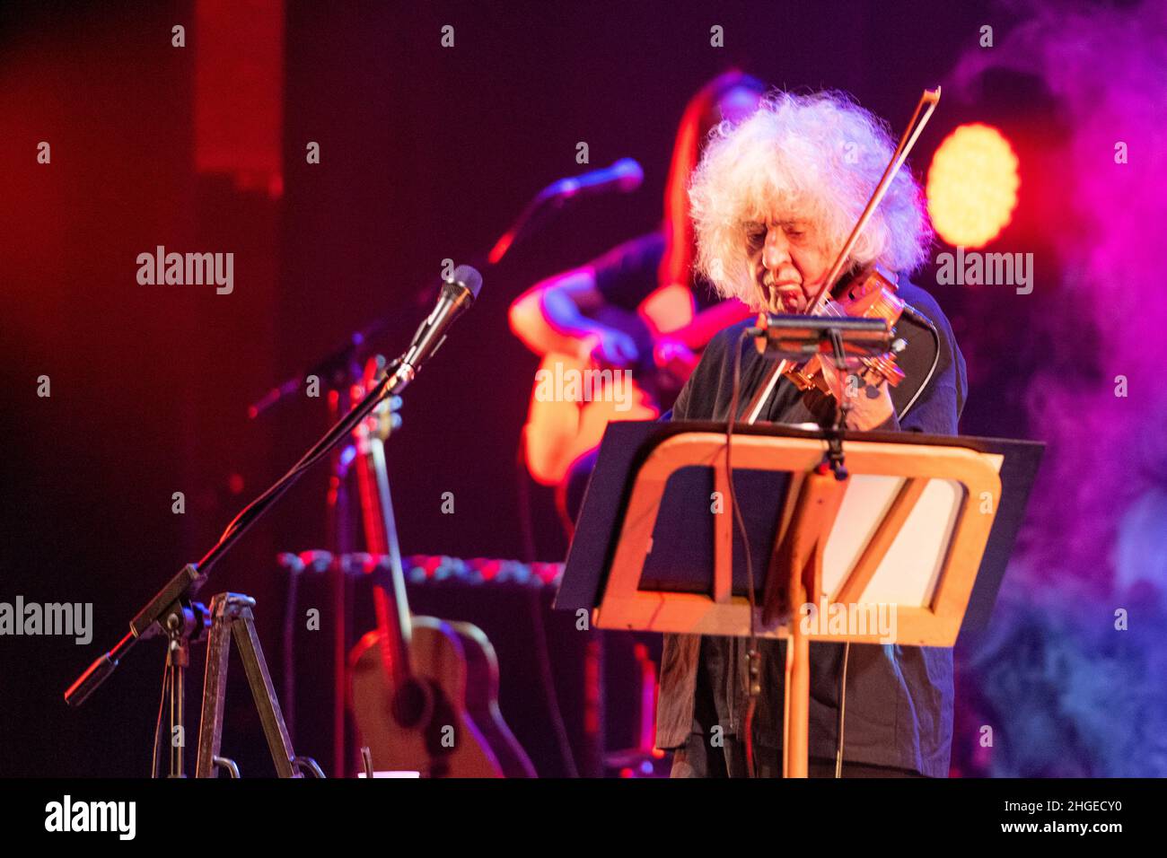 Italian singer and violonist Angelo Branduardi in concert “il cammino dell’anima tour” at Teatro Colosseo on January 19, 2021 in Turin, Italy. Stock Photo