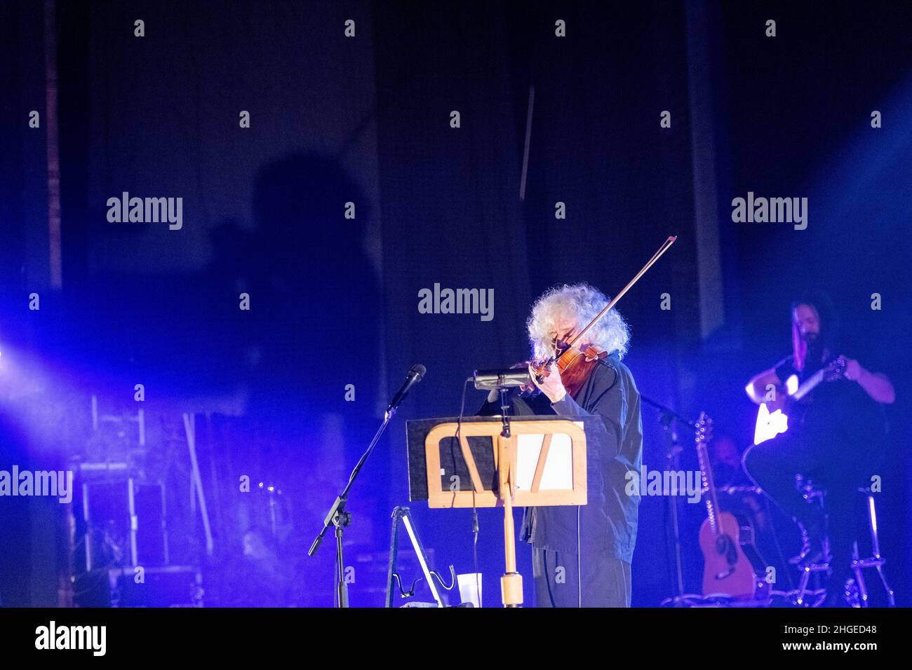 Italian singer and violonist Angelo Branduardi in concert “il cammino dell’anima tour” at Teatro Colosseo on January 19, 2021 in Turin, Italy. Stock Photo