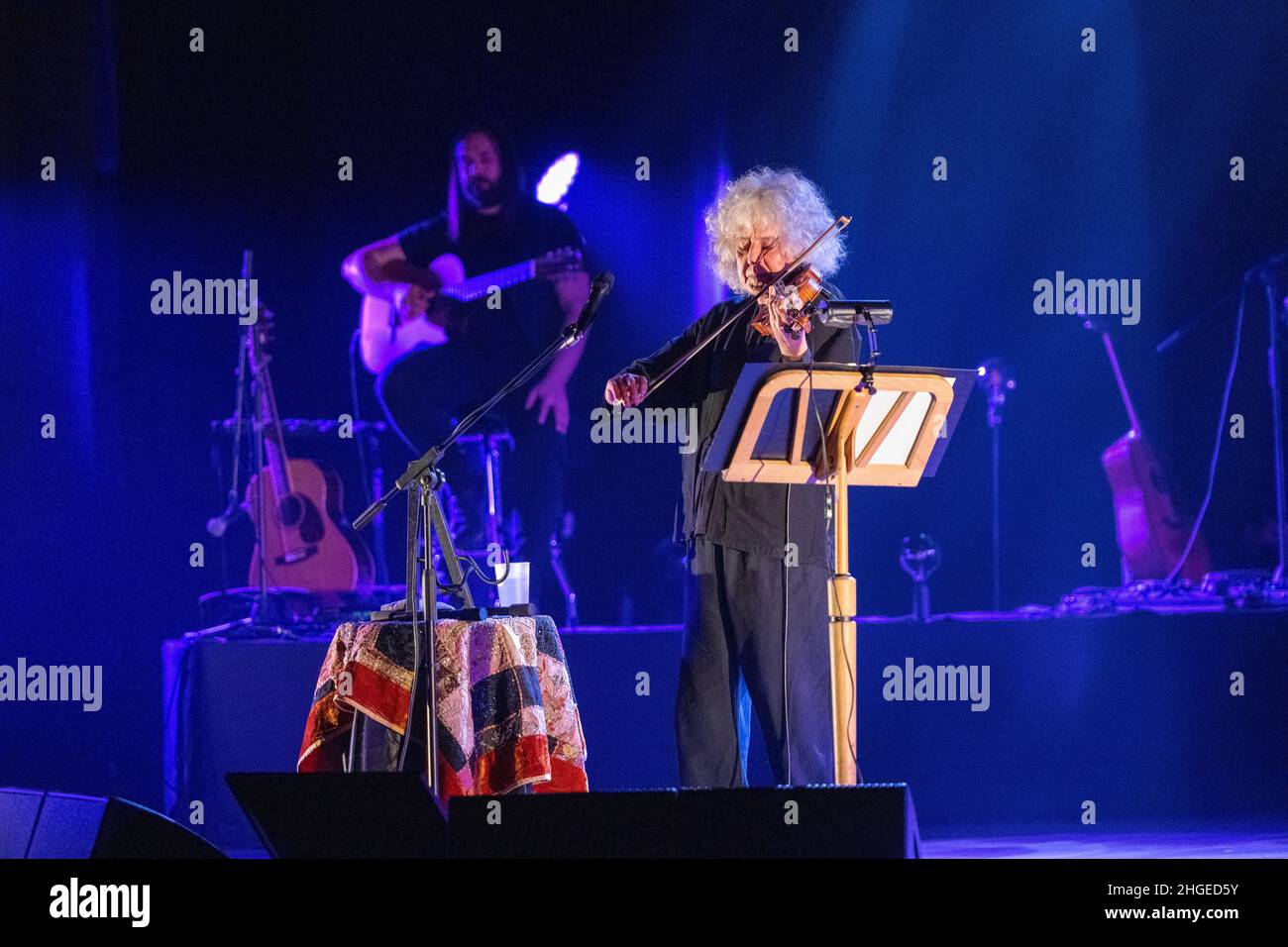 Italian singer and violonist Angelo Branduardi in concert “il cammino dell’anima tour” at Teatro Colosseo on January 19, 2021 in Turin, Italy. Stock Photo