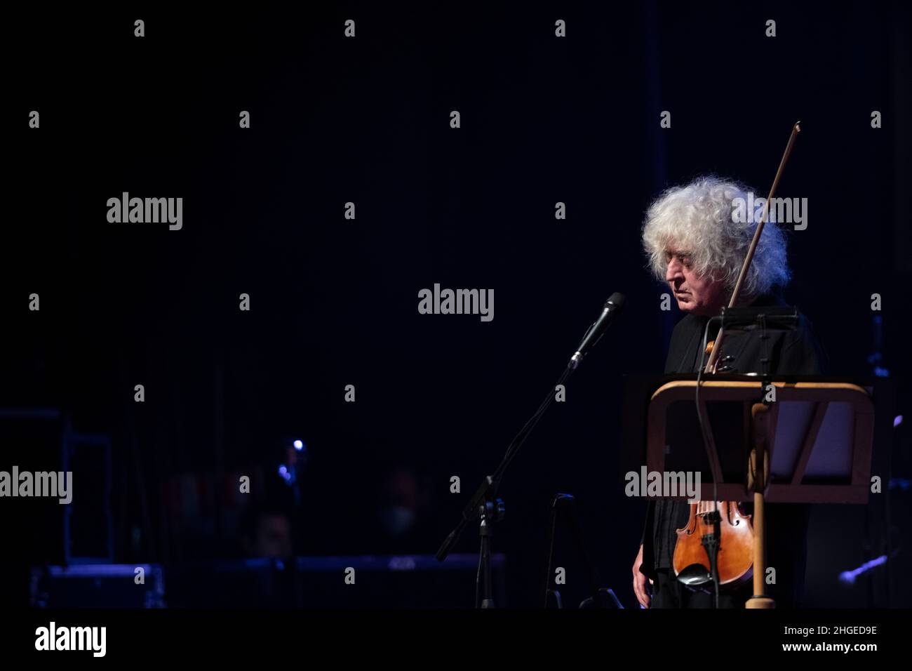 Italian singer and violonist Angelo Branduardi in concert “il cammino dell’anima tour” at Teatro Colosseo on January 19, 2021 in Turin, Italy. Stock Photo