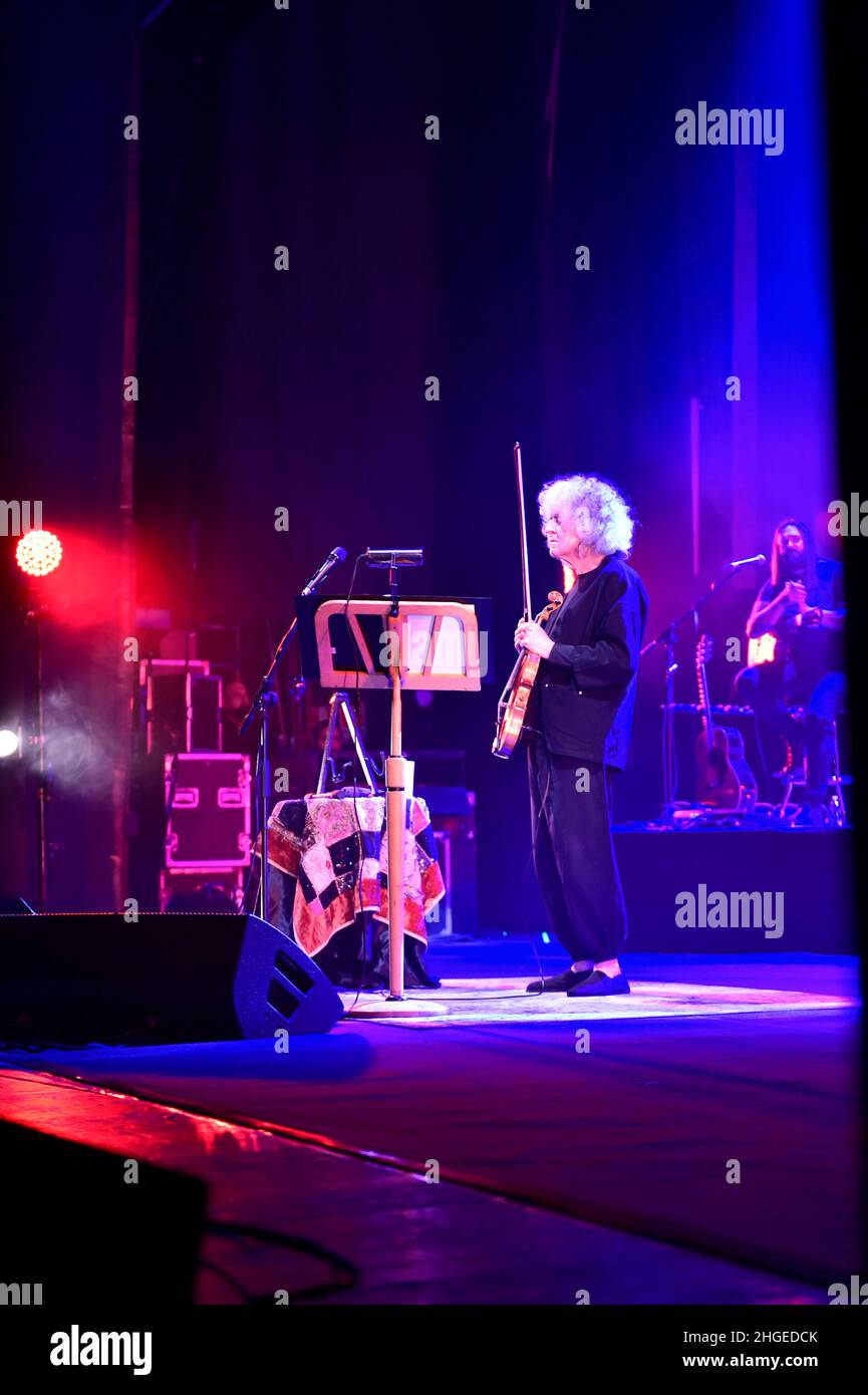 Italian singer and violonist Angelo Branduardi in concert “il cammino dell’anima tour” at Teatro Colosseo on January 19, 2021 in Turin, Italy. Stock Photo
