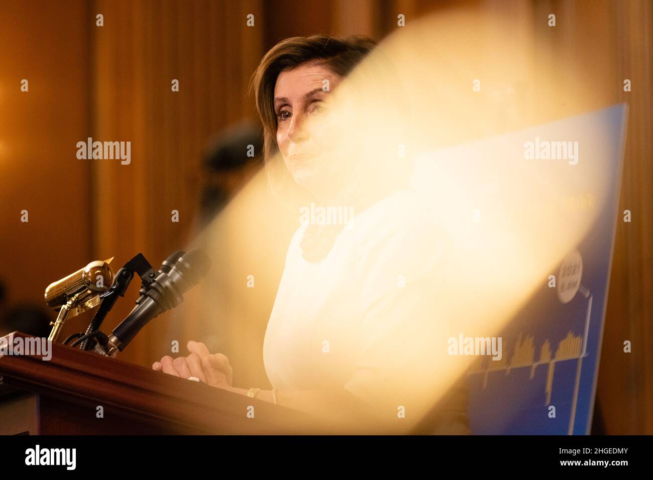 U.S. House Speaker Nancy Pelosi, a Democrat from California, speaks during a news conference at the U.S. Capitol in Washington, DC, U.S., on Thursday, Jan. 20, 2022. The White House's bid to push voting rights legislation through a divided Senate collapsed yesterday as two key Democrats broke with their party to squash the bill's chances. (Photo by Eric Lee/Pool/Sipa USA) Credit: Sipa USA/Alamy Live News Stock Photo