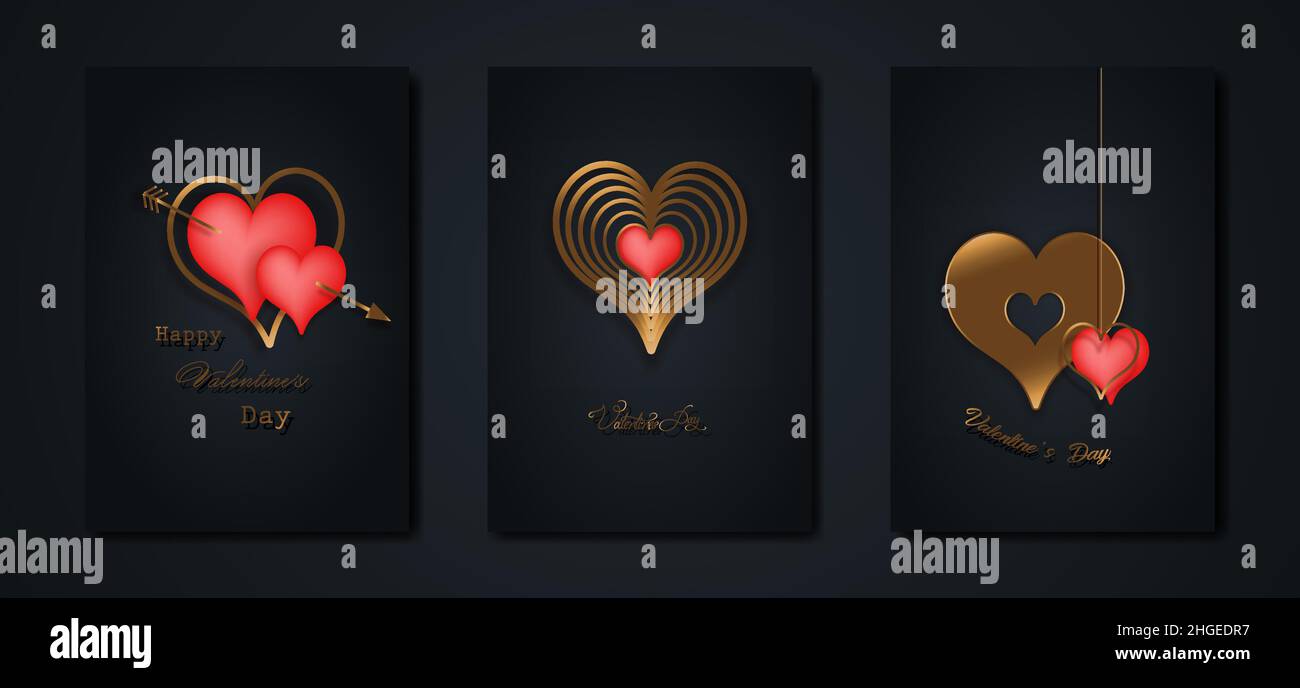 Happy Valentines day vector set greeting card. Gold and red hearts on ...