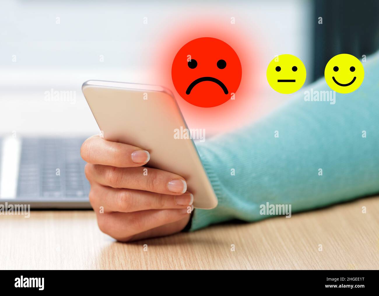 Businesswoman pressing unhappyicon, customer service evaluation concept Stock Photo