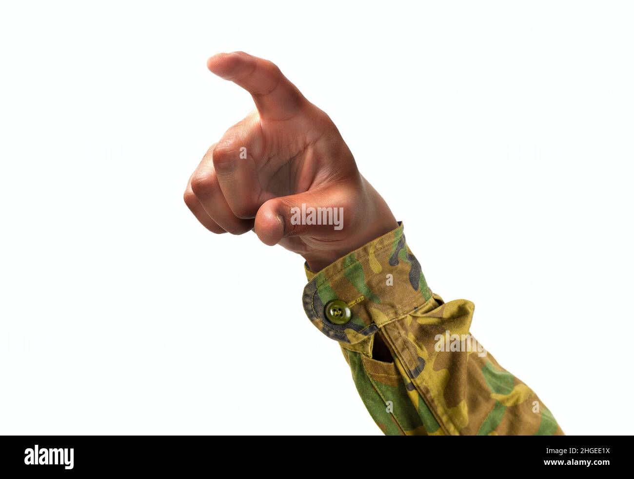 Cropped shot of an unrecognizable soldier hand pointing or pushing with forefinger on a white isolated background Stock Photo