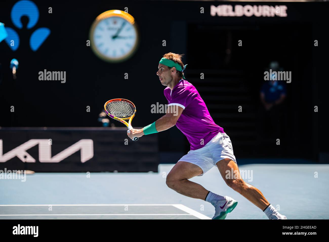 Rafael Nadal in action during the Australian Open 2022 Round 1 match of the Grand Slam at Rod Laver Arena in Melbourne Olympic Park.(Final score Nadal wins in 3 sets 61, 64, 62 Stock Photo