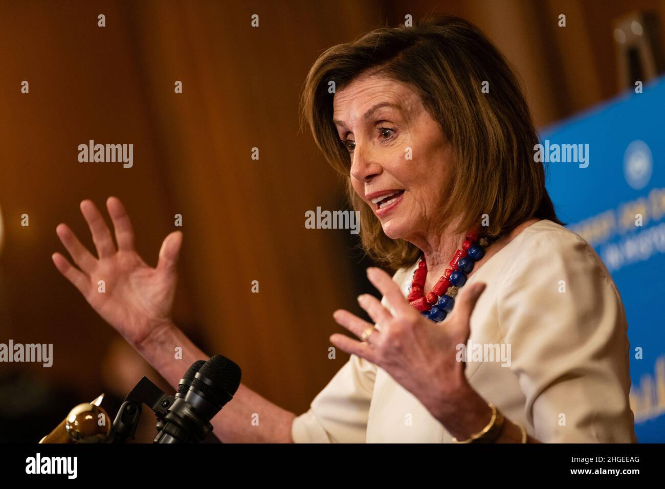U.S. House Speaker Nancy Pelosi, a Democrat from California, speaks during a news conference at the U.S. Capitol in Washington, D.C., U.S., on Thursday, Jan. 20, 2022. The White House's bid to push voting rights legislation through a divided Senate collapsed yesterday as two key Democrats broke with their party to squash the bill's chances. (Photo by Eric Lee/Pool/Sipa USA) Stock Photo