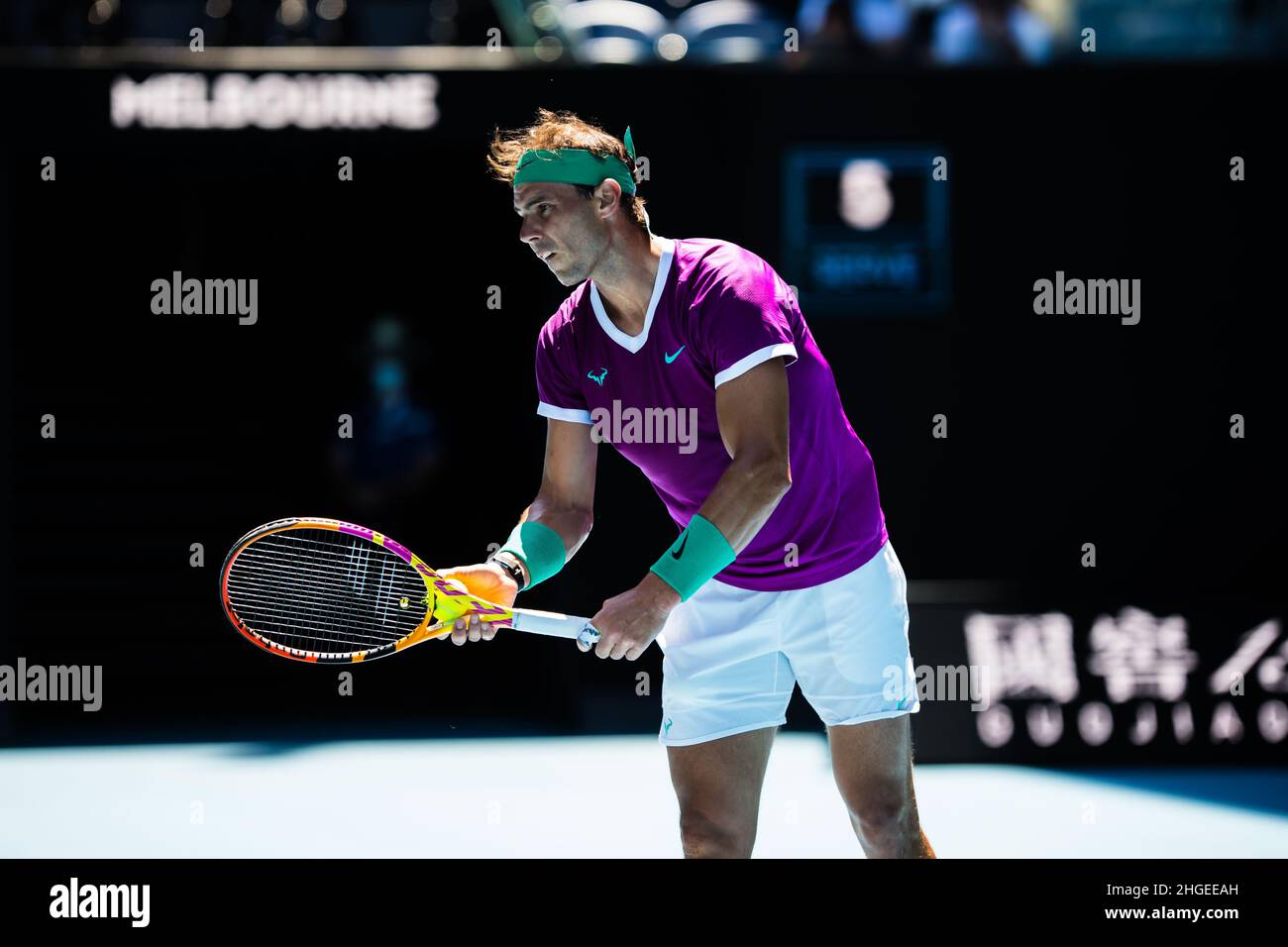 Rafael Nadal in action during the Australian Open 2022 Round 1 match of the Grand Slam at Rod Laver Arena in Melbourne Olympic Park.(Final score Nadal wins in 3 sets 61, 64, 62 Stock Photo
