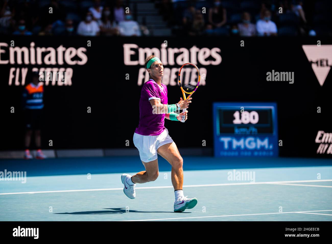 Rafael Nadal is moving closer to the net in a match against Marcus Giron during the Australian Open 2022 Round 1 match of the Grand Slam at Rod Laver Arena in Melbourne