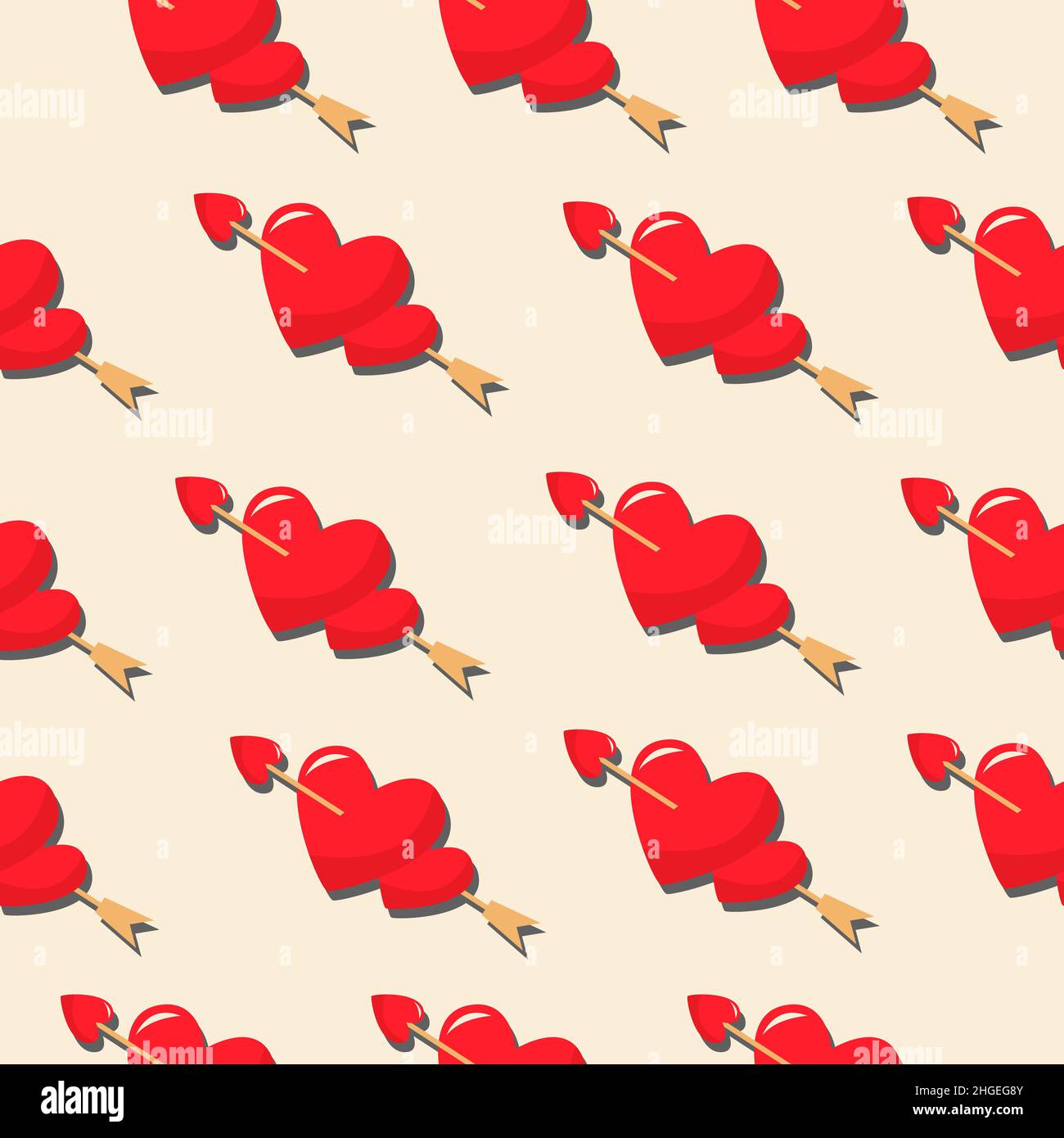 Two red hearts and an arrow. Vector pattern in a flat style. Simple seamless pattern. Valentine's Day background. Stock Vector