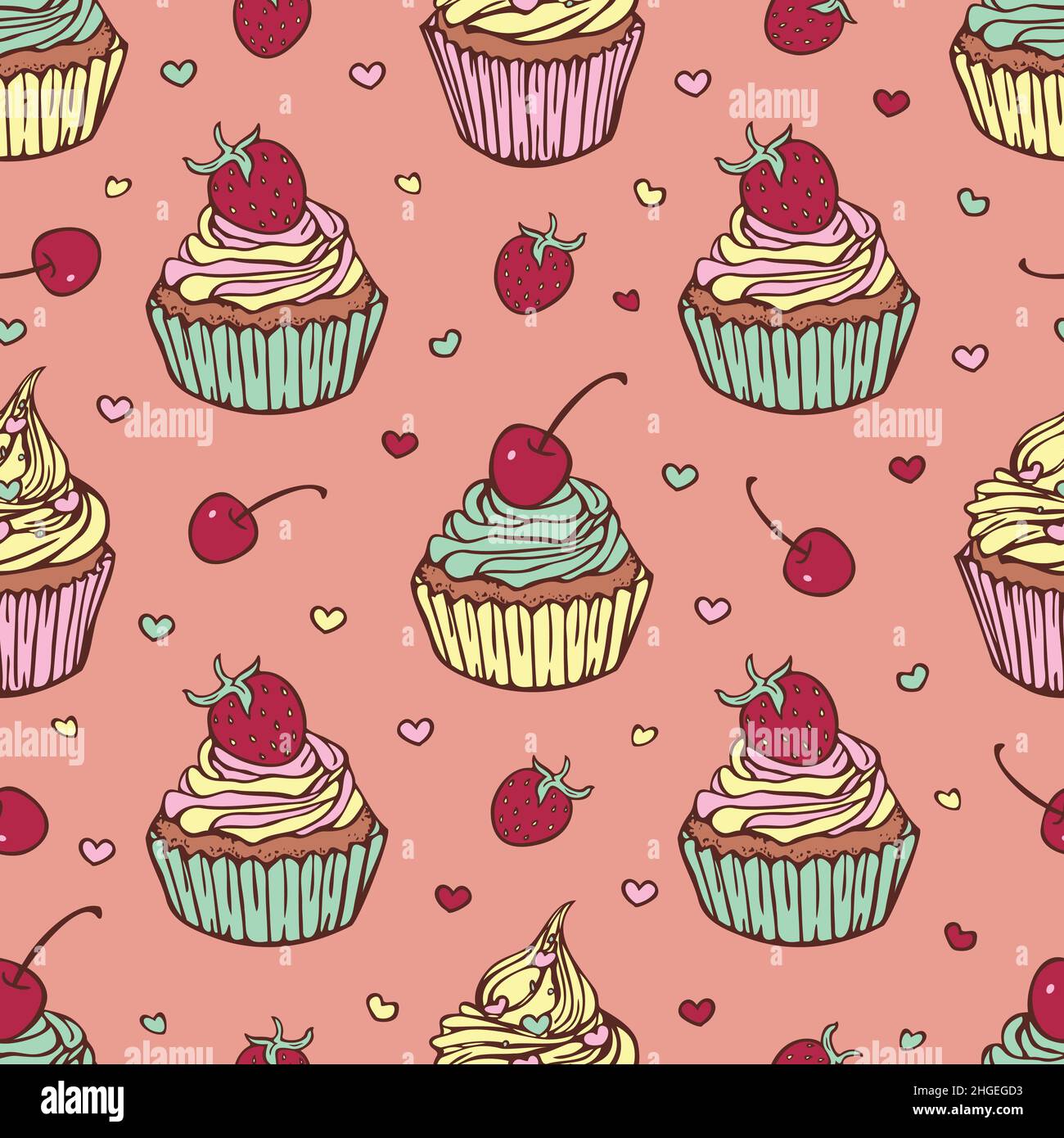 Vector seamless pattern with hand drawn cupcakes with strawberry and ...
