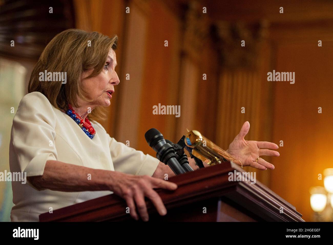 Speaker of the House Nancy Pelosi, D-CA, discusses President Biden’s first year in office during her weekly press conference at the US Capitol in Washington, DC on Thursday, January 20, 2022. Photo by Bonnie Cash/Pool/ABACAPRESS.COM Stock Photo