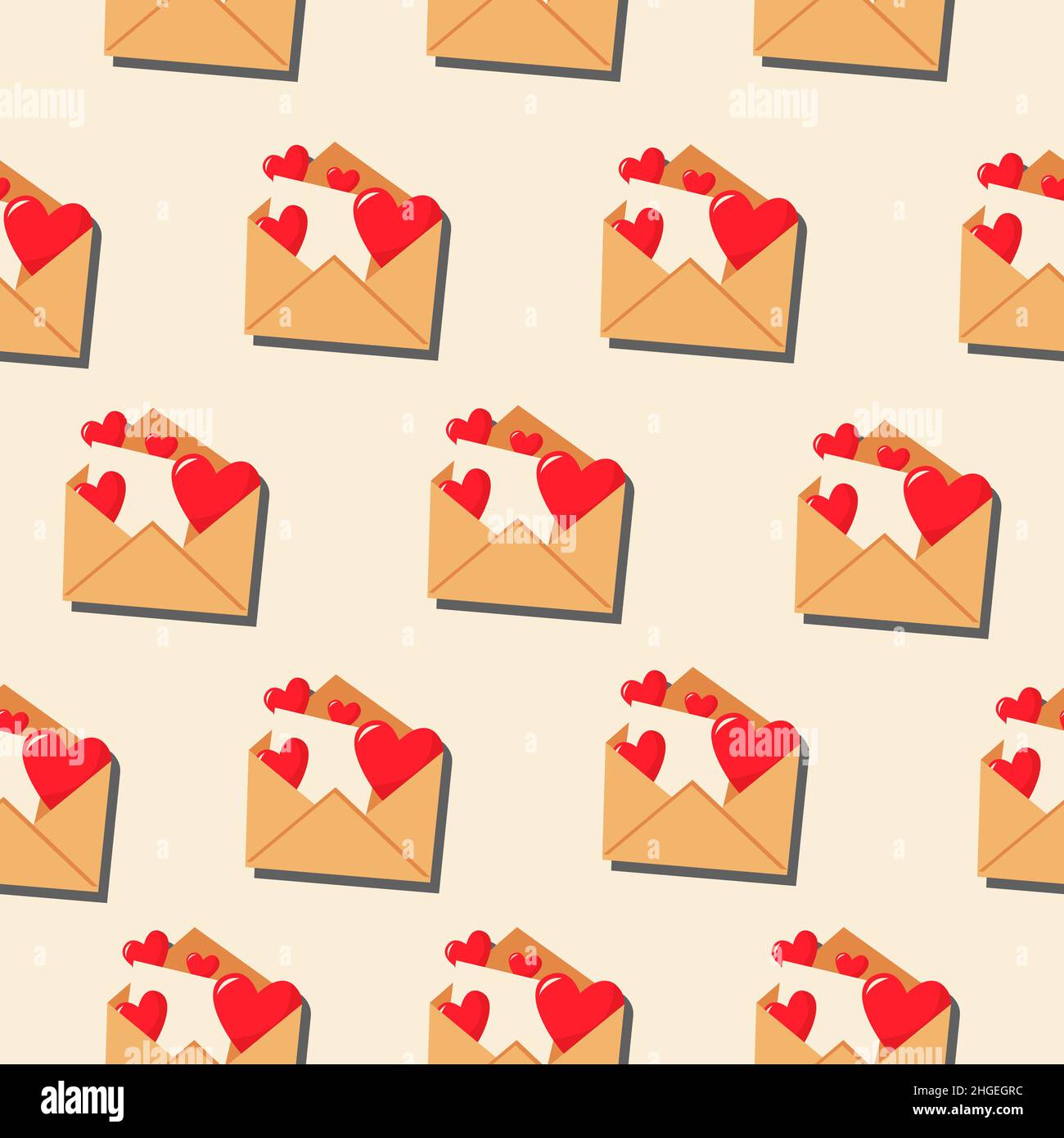 An open envelope and red hearts. Vector pattern in a flat style. Simple seamless pattern. Valentine's Day background. Stock Vector