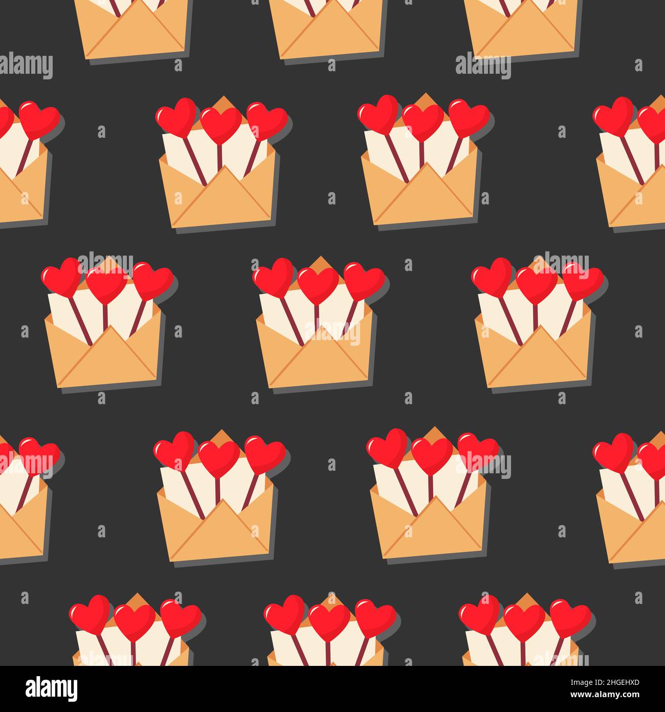 An open envelope with hearts on a stick. Vector pattern in a flat style. Simple seamless pattern. Valentine's Day background. Stock Vector