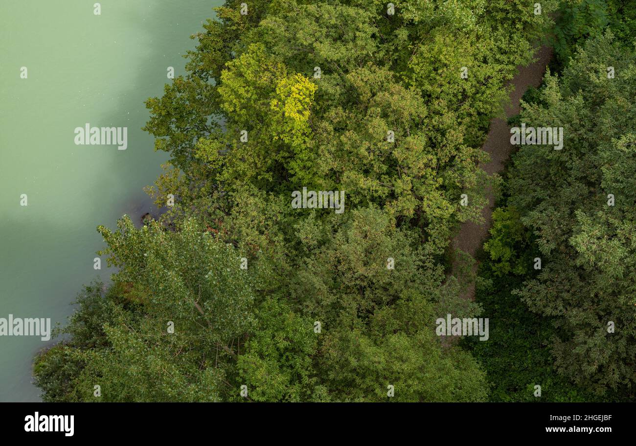 A picture of the treetops next to the Soča River as seen from above (Slovenia). Stock Photo