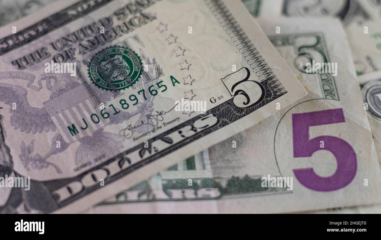 US five dollar banknote closeup Stock Photo