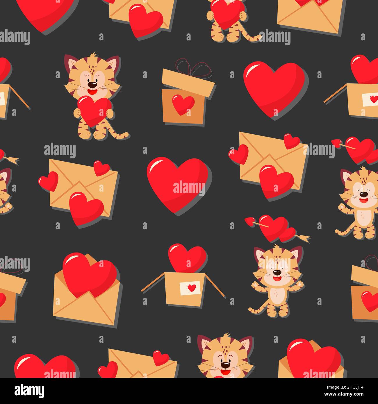 Tiger cubs and hearts on a black background. Vector pattern in a flat style. Simple seamless pattern. Valentine's Day background. Stock Vector