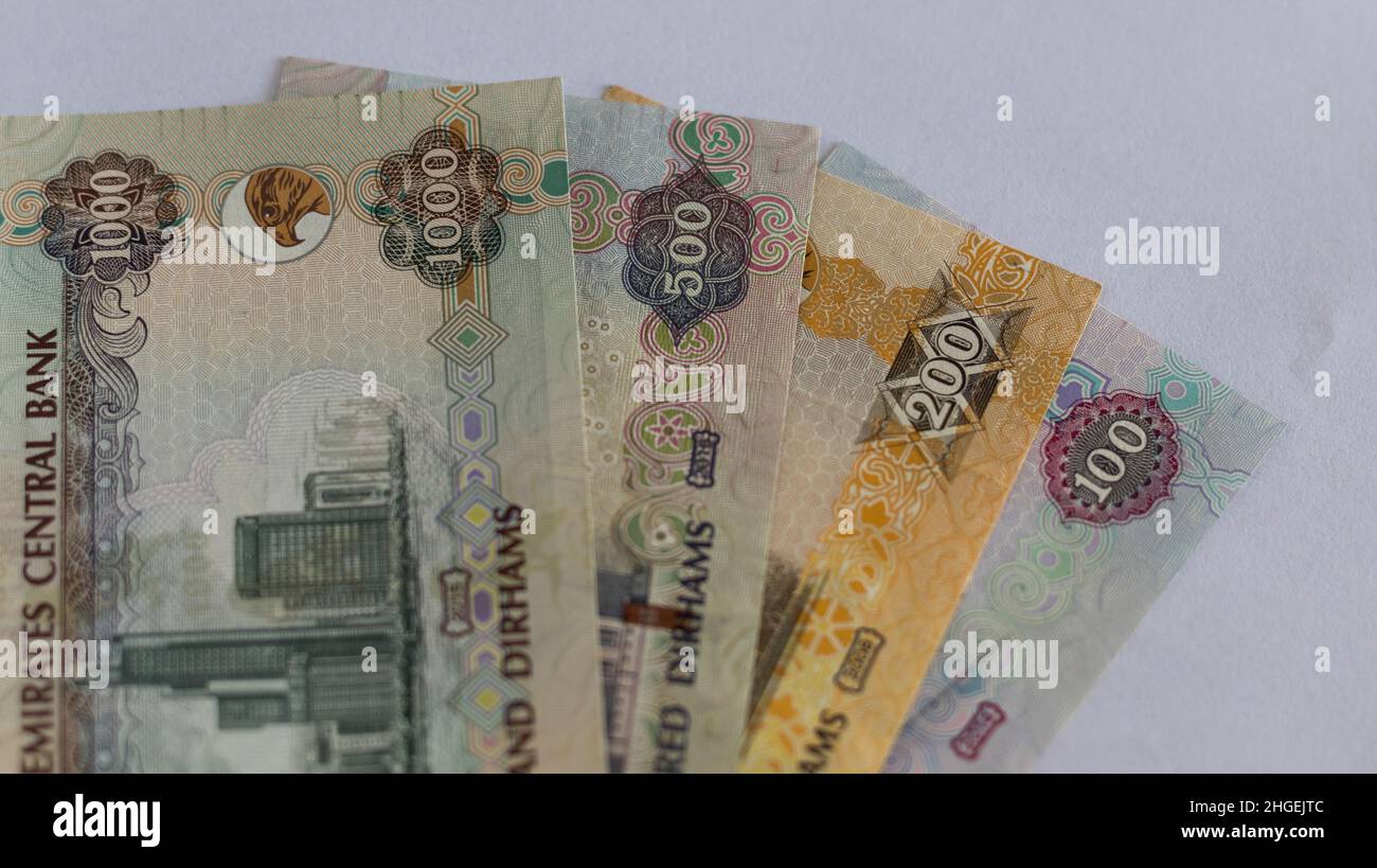 Arab Emirate Dirham currency banknotes Stock Photo